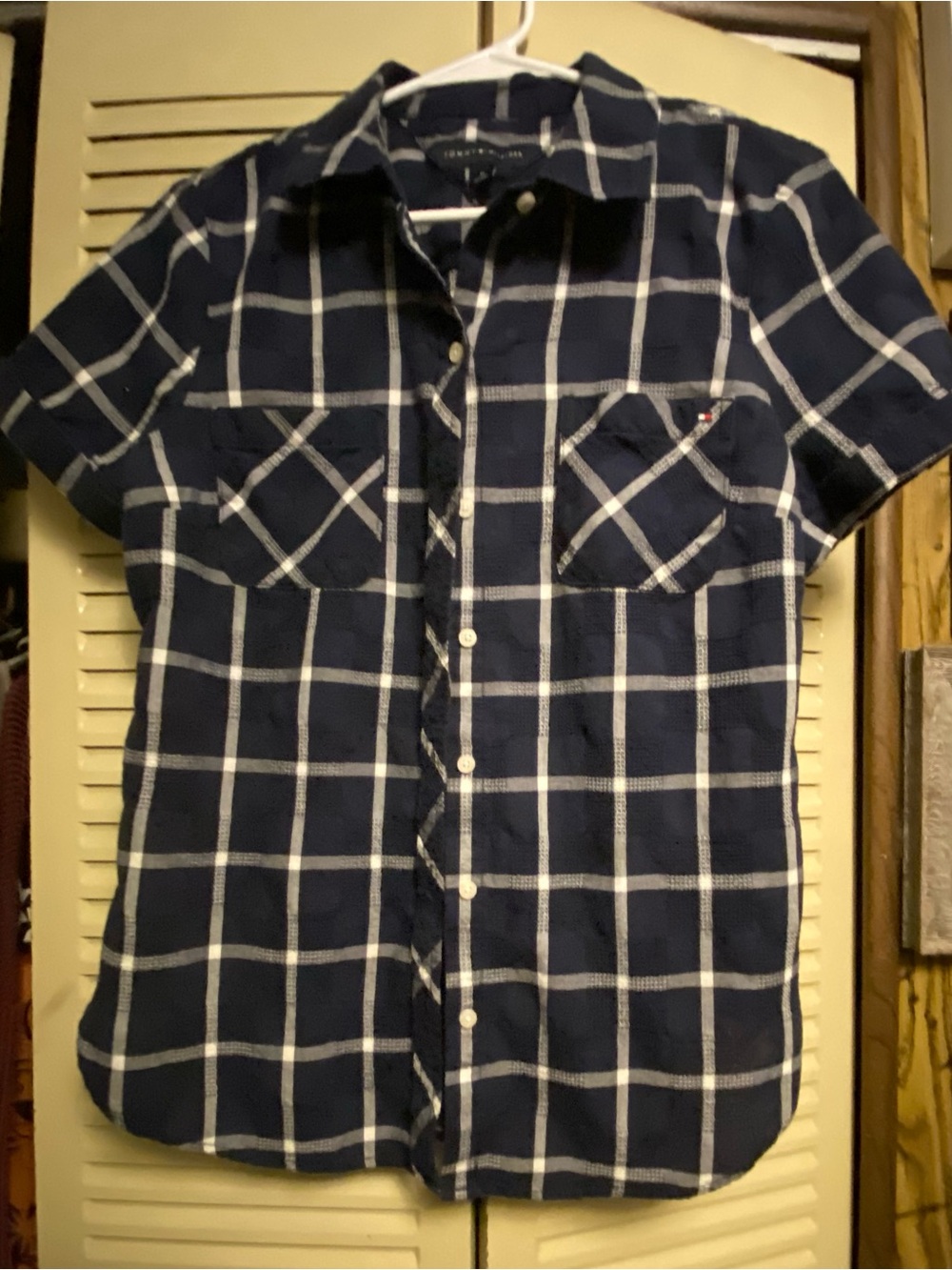 Tommy Hilfiger Navy and White Windowpane Short-Sleeve Button-Down Shirt